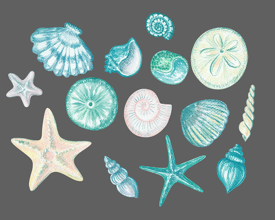 Happy Sea Stars And Shells Teal Blue Watercolor Beach Art Painting by Irina Sztukowski
