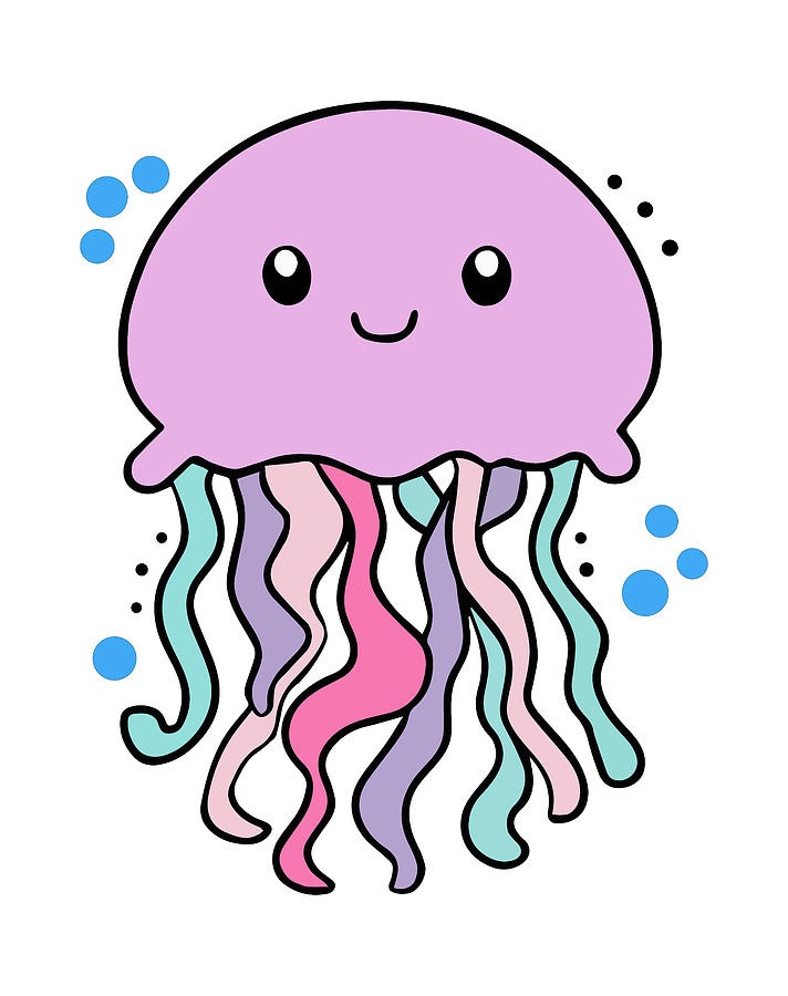 Happy smiling baby jellyfish with bubbles. Kawaii cartoon Digital Art ...