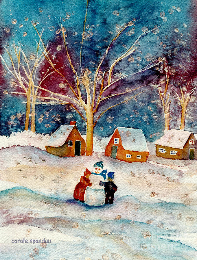 Happy Little Snowman Under Falling Snow Quebec Country Winter Scene Carole Spandau Canadian Art Painting by Carole Spandau