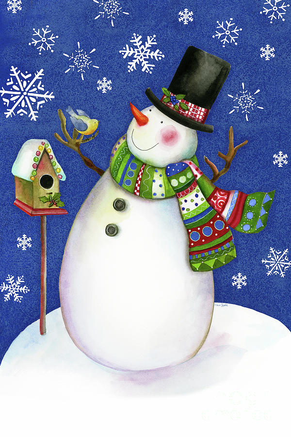 Happy Snowman with Bird Winter Wonderland Painting by Sue Zipkin