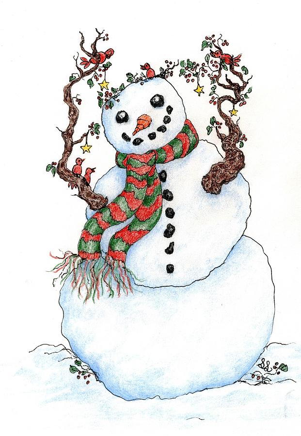 Happy Snowman with Red and Green Scarf Drawing by Sheri Lauren