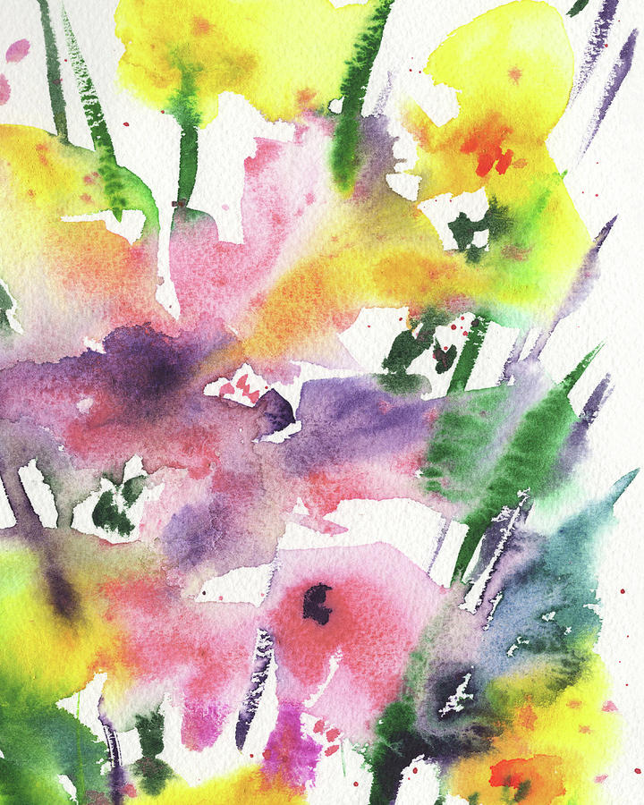 Happy Splash Of Abstract Watercolor Flowers Pink Purple Yellow Painting by Irina Sztukowski