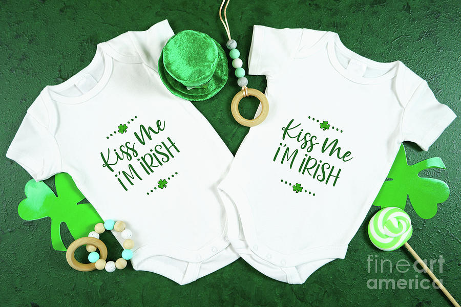 Happy St Patricks Day baby wear onesie bodysuit mockup flatlay. Photograph by Milleflore Images
