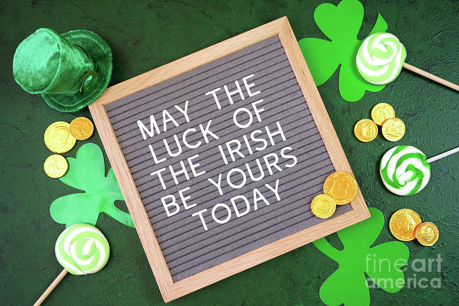 Happy St Patricks Day felt letterboard message board flatlay. Photograph by Milleflore Images
