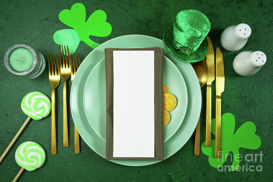 Happy St Patricks Day plates table setting menu flat lay. Photograph by Milleflore Images