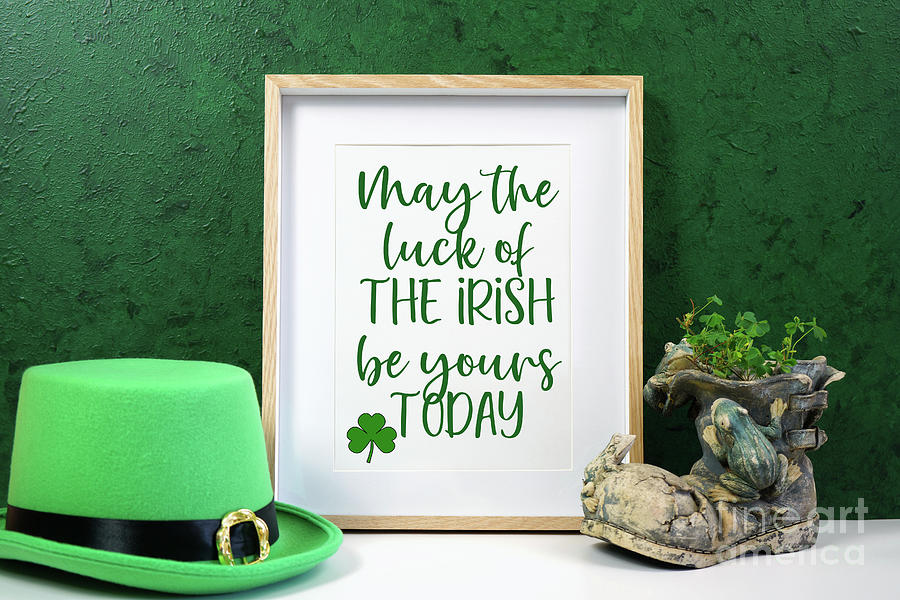 Happy St Patricks Day wood border picture frame. Photograph by Milleflore Images