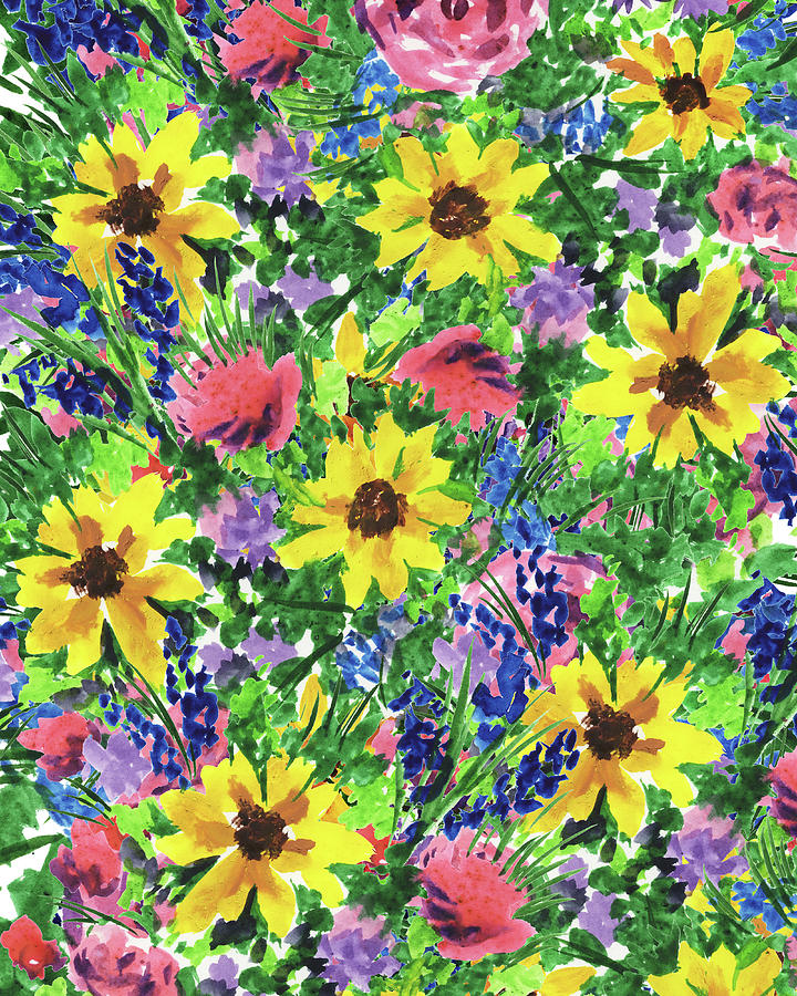 Happy Summer Flowers Impressionism Pattern In Yellow Pink Blue Watercolor  Painting by Irina Sztukowski