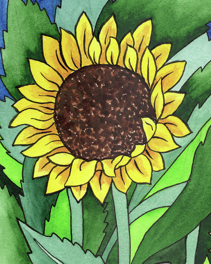 Happy Sunflower Batik Style Watercolor  Painting by Irina Sztukowski