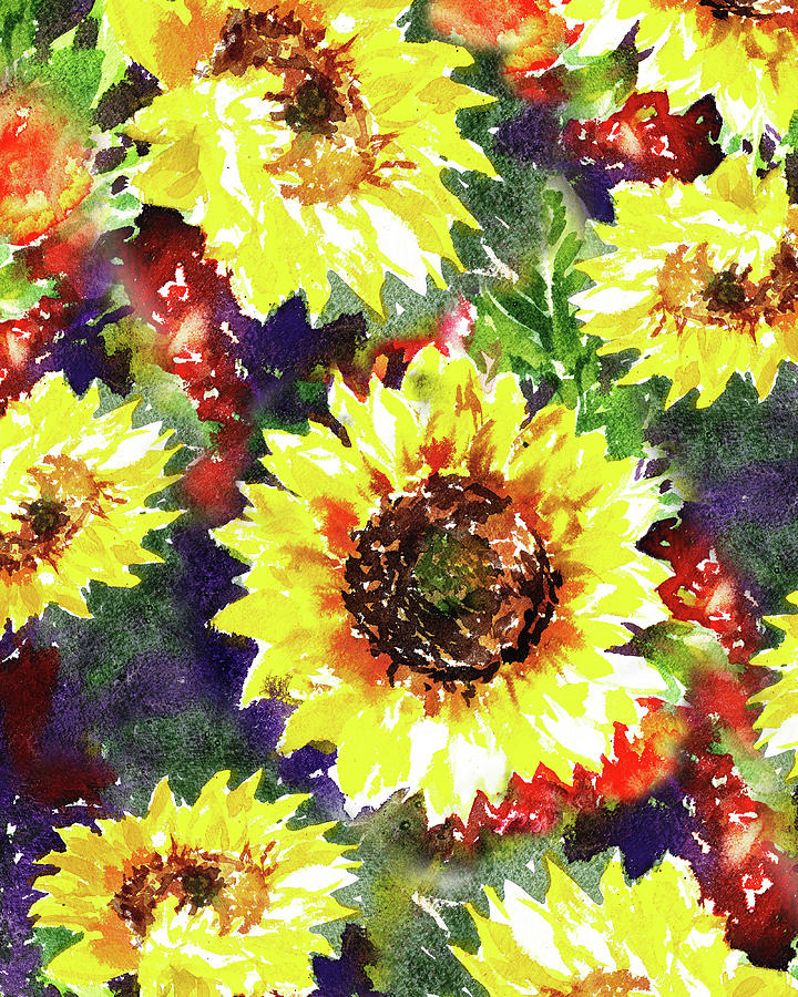 Happy Sunflowers Dance Watercolor Floral Art Painting