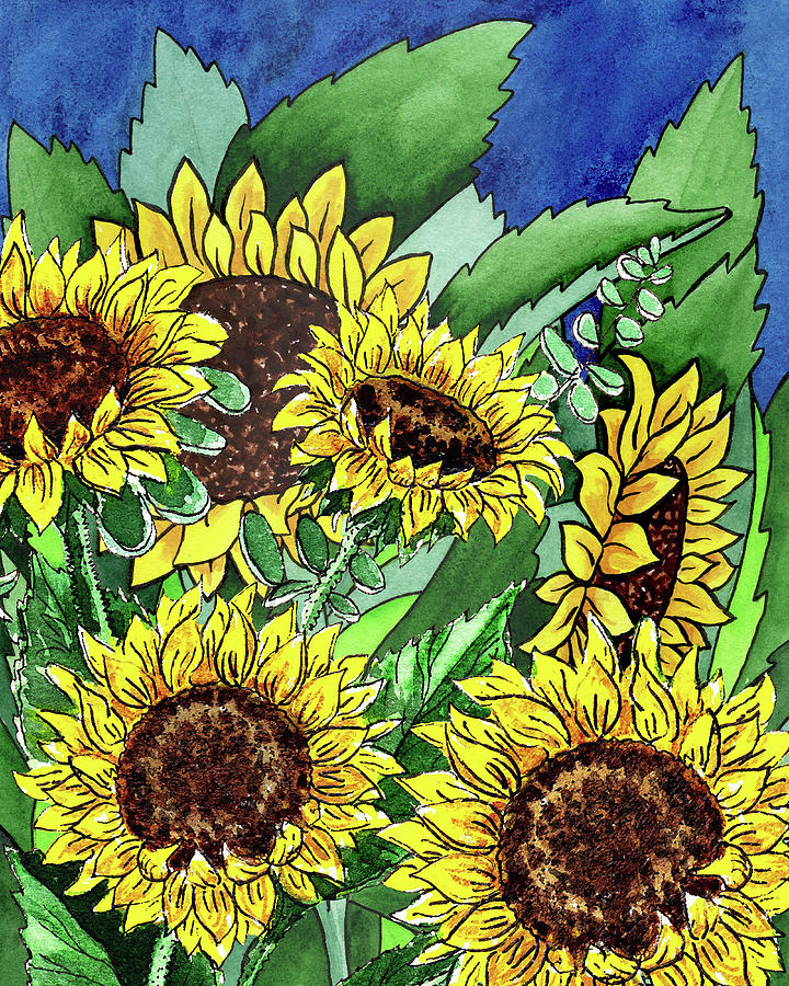 Happy Sunflowers Following Sun Watercolor Floral Field  Painting by Irina Sztukowski