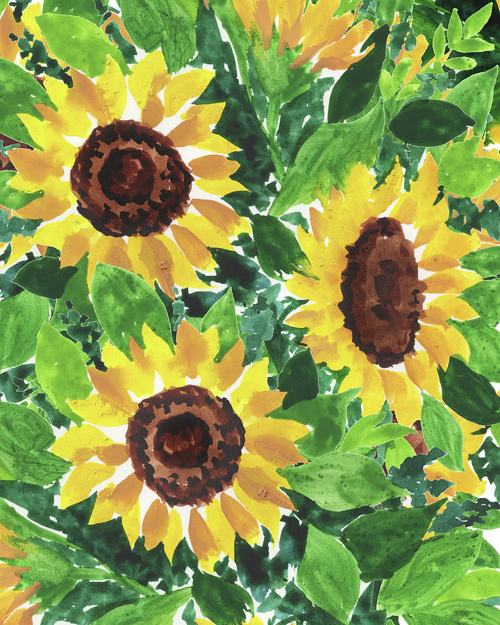 Happy Sunflowers Impressionistic Watercolor Pattern Painting