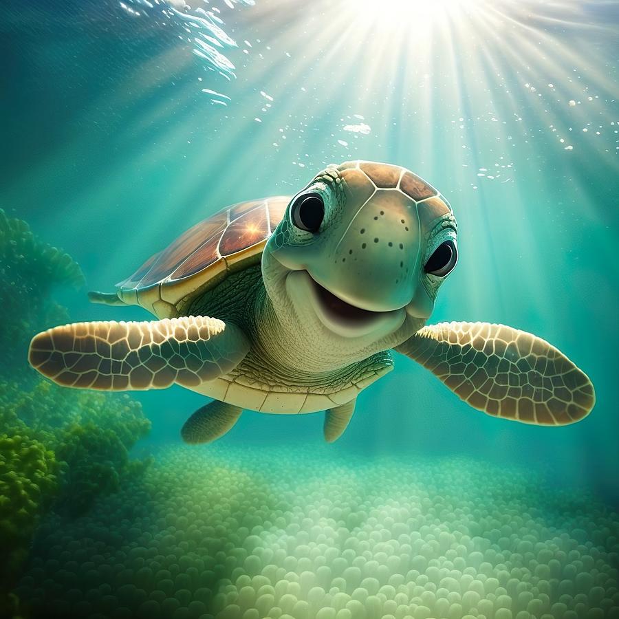 Turtle Digital Art - Happy Turtle by Ar