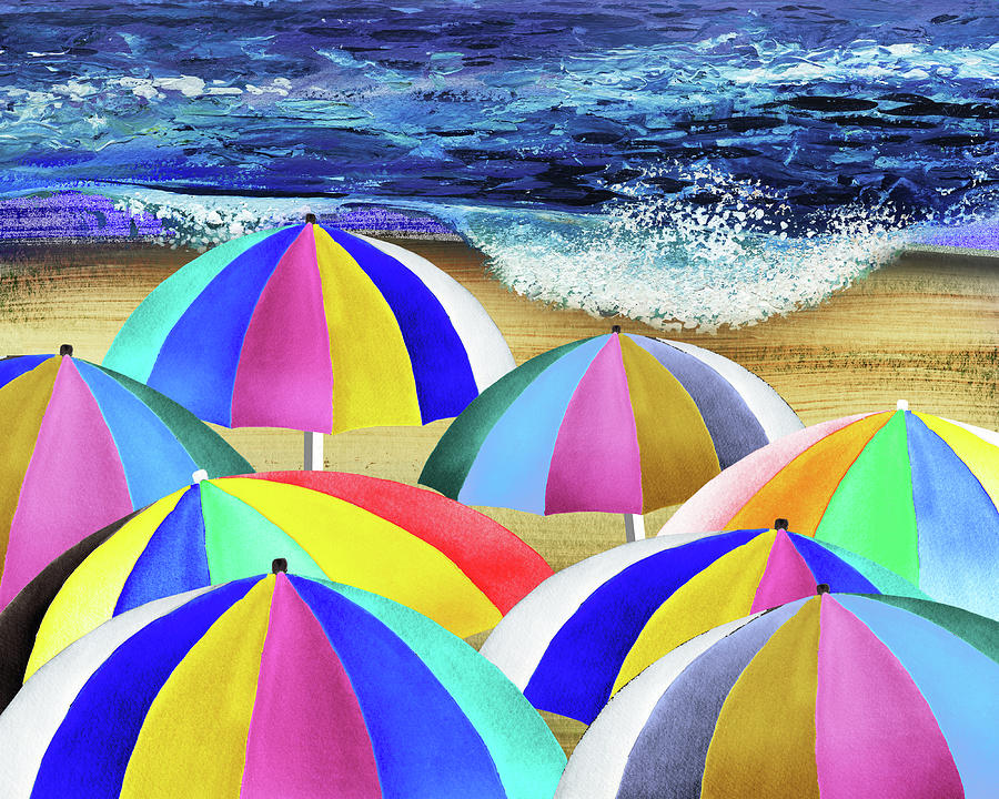 Happy Umbrellas On The Beach Summer Sunny Shore Coastal Art I Painting by Irina Sztukowski