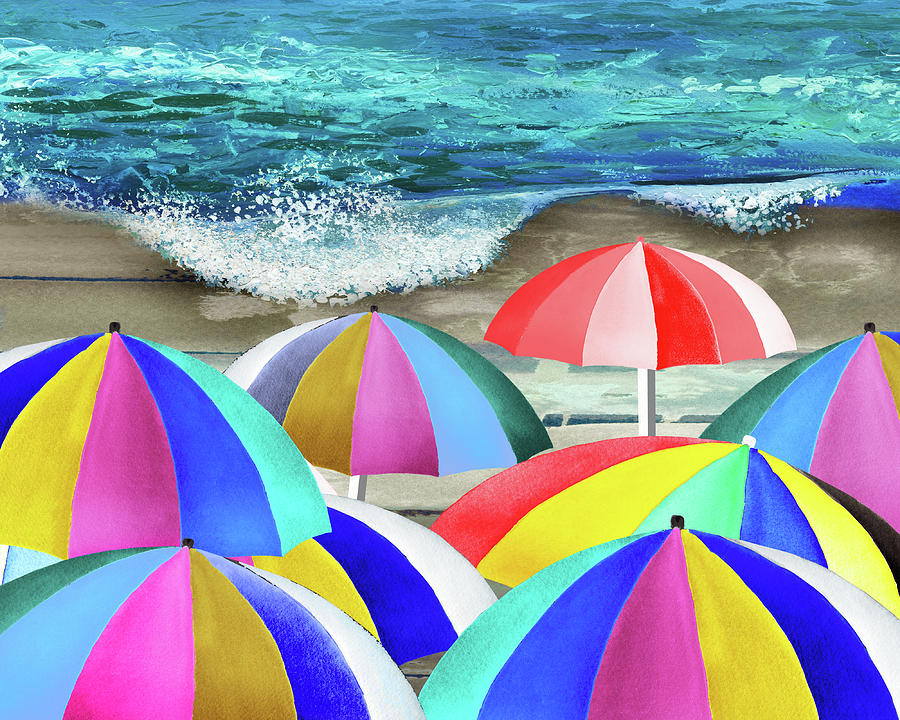Happy Umbrellas On The Beach Summer Sunny Shore Coastal Art II Painting by Irina Sztukowski