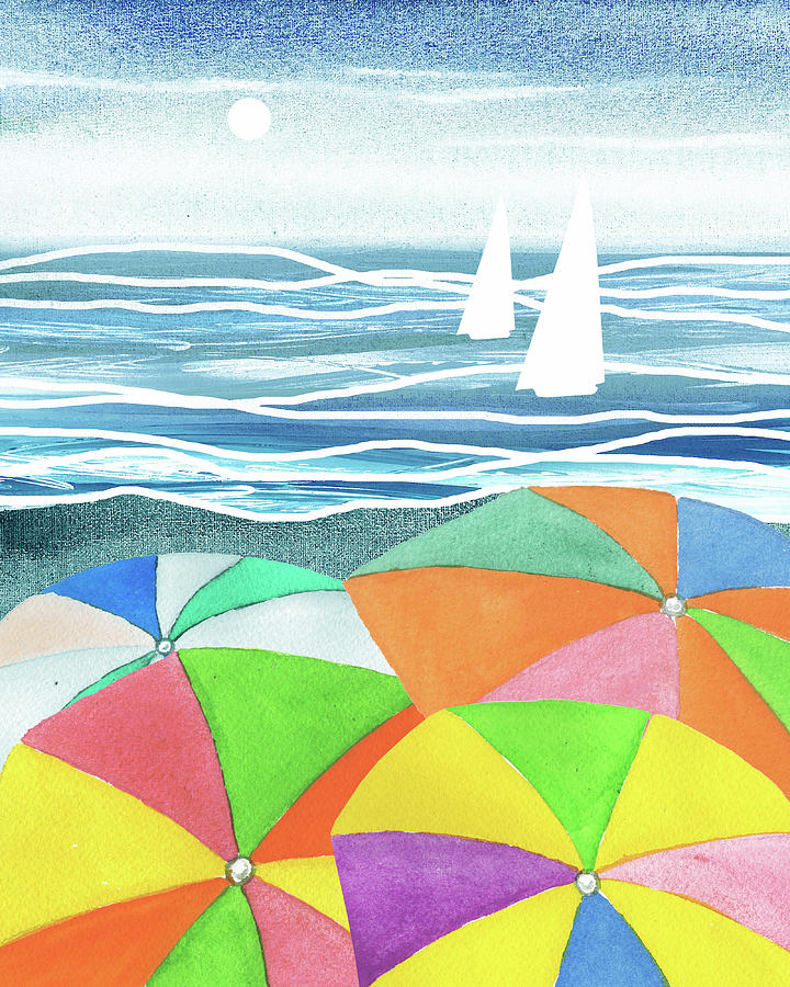 Happy Umbrellas On The Beach Summer Sunny Shore Coastal Art III Painting by Irina Sztukowski