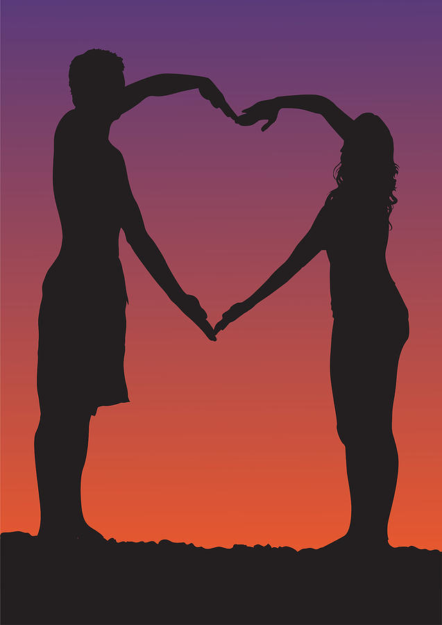 Happy Valentines Day Illustration Romantic Silhouette Of Loving Couple At Night Under The Stars