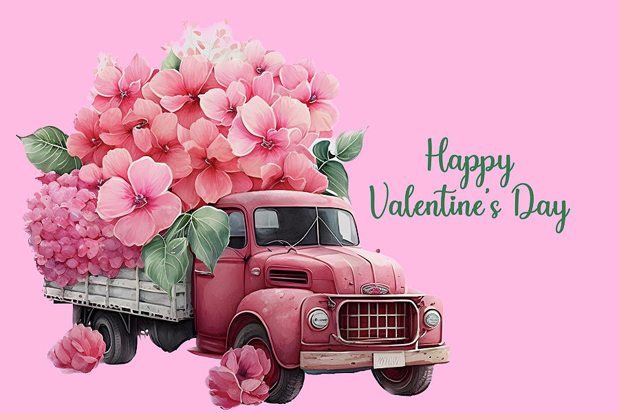 Happy Valentines Day Old Truck Filled With Flowers Mixed Media by Johanna Hurmerinta