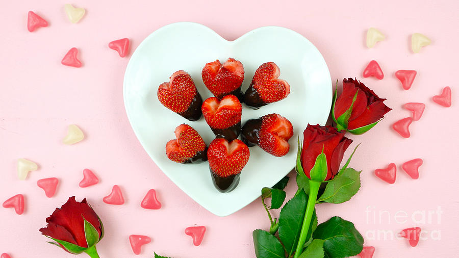 Strawberry Photograph - Happy Valentines Day overhead flat lay with heart shaped strawberries by Milleflore Images