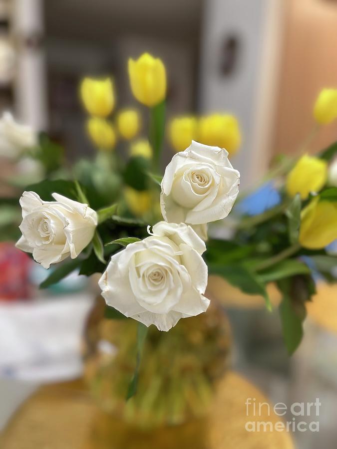 Happy Mothers Day White Roses Yellow Tulips Floral Arrangement Photograph By John Shiron Fine