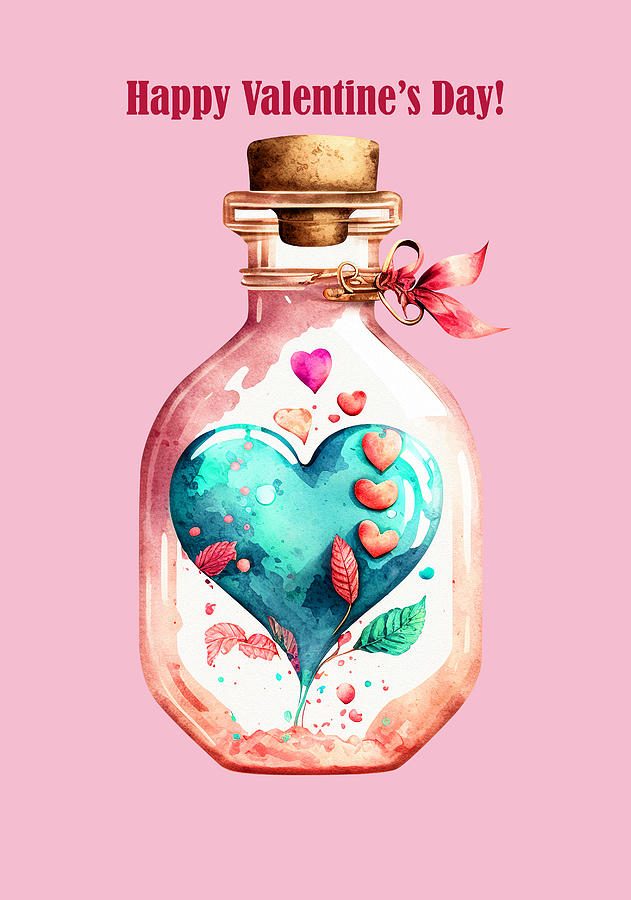 Happy Valentines Day With A Love Bottle Digital Art by Johanna Hurmerinta