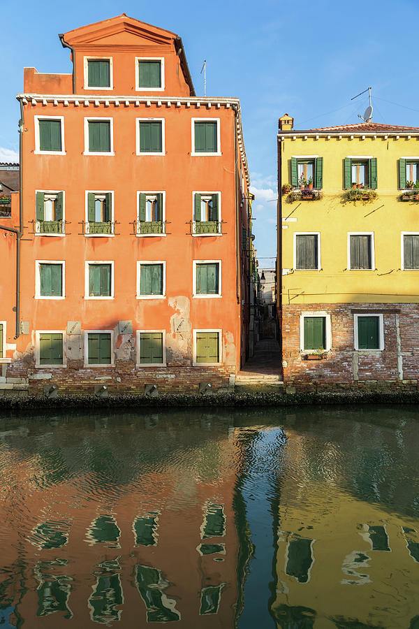 Happy Venetian - Cheerful Canalside Houses in Orange and Yellow Photograph by Georgia Mizuleva