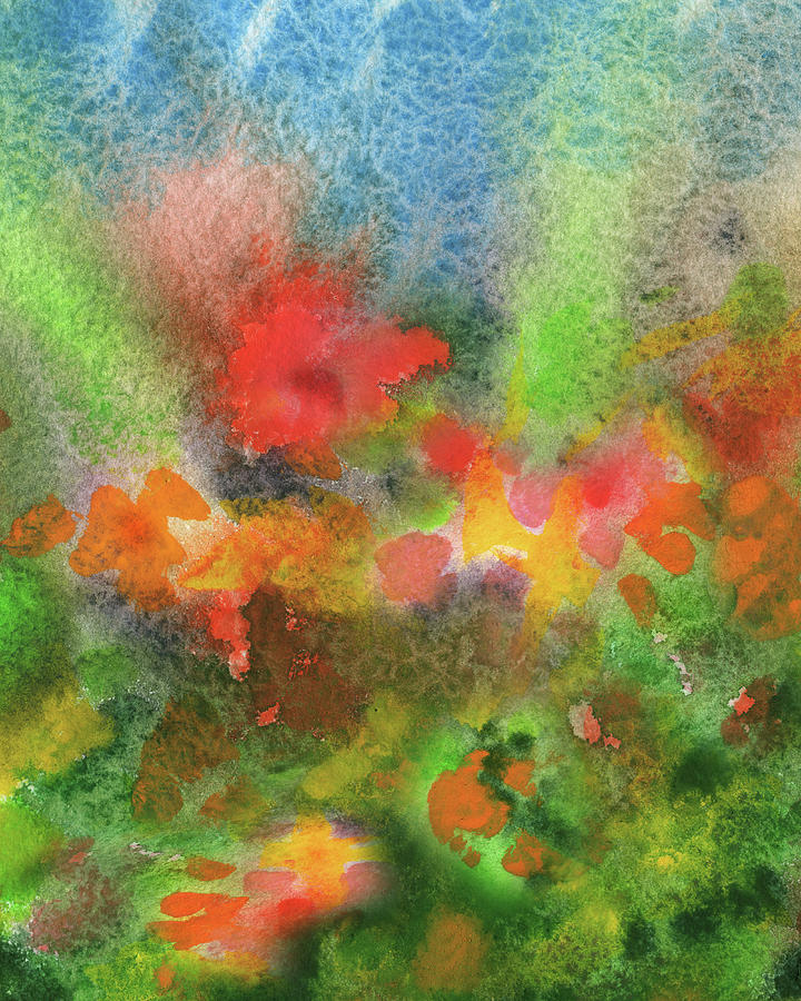Happy Vivid Summer Splashes Abstract Watercolor Flowers Field Painting