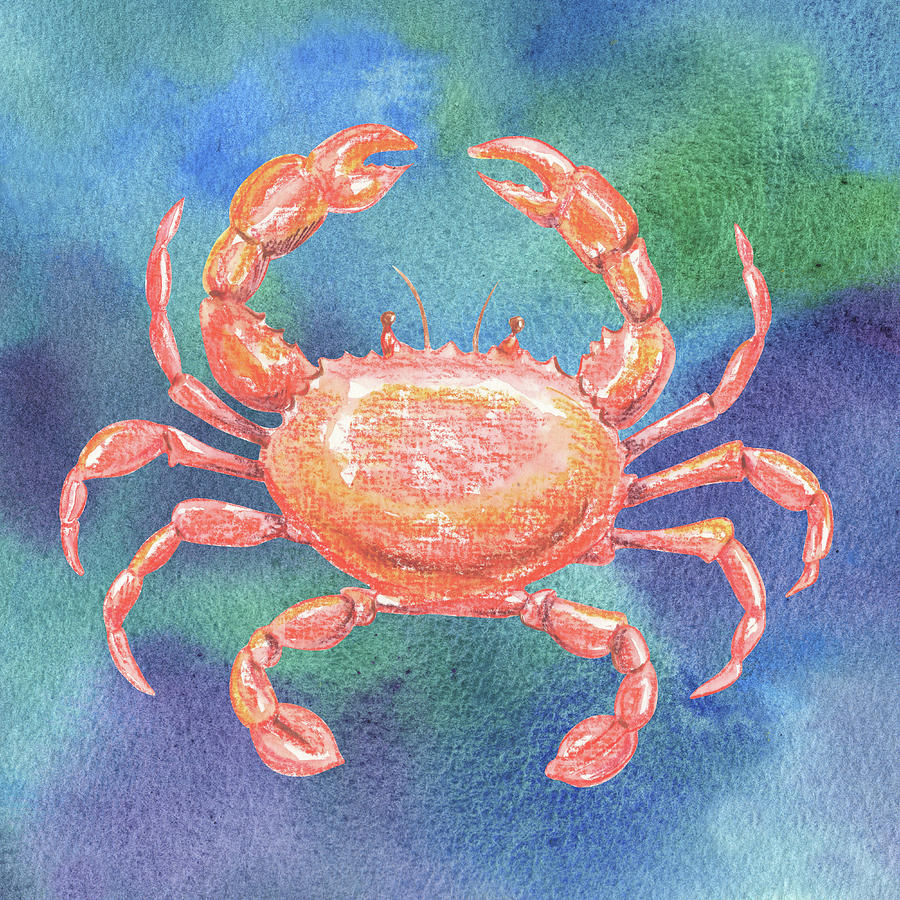 Happy Watercolor Crab On Blue Water Beach Art  Painting by Irina Sztukowski