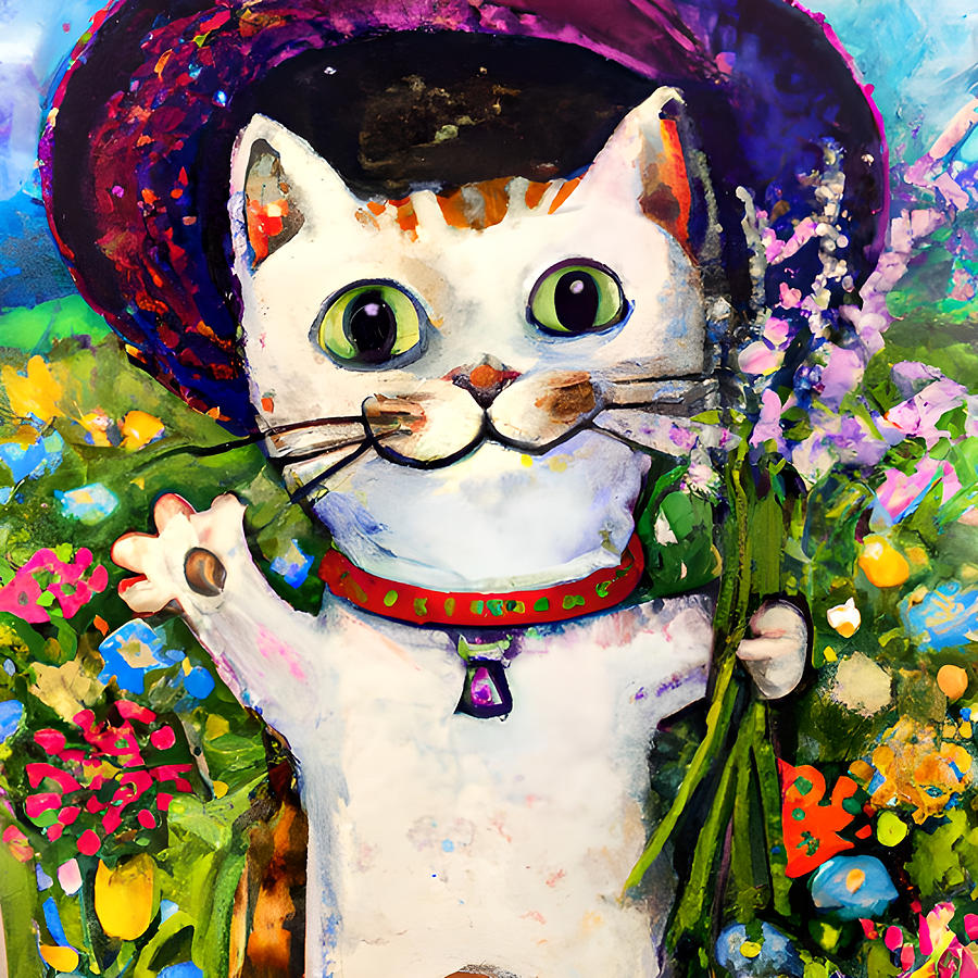 Happy White Cat with Hat and Flowers Digital Art by Amalia Suruceanu