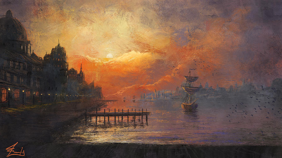 Harbor at Nightfall Painting by Joseph Feely