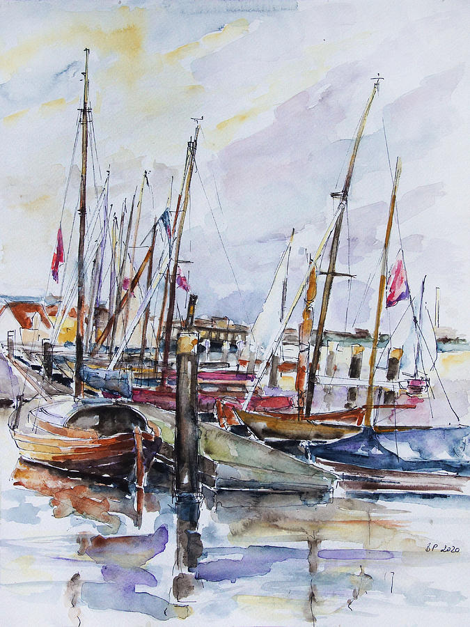 Harbour Of Traditional Sailboats, Flensburg, Germany Painting by Barbara Pommerenke