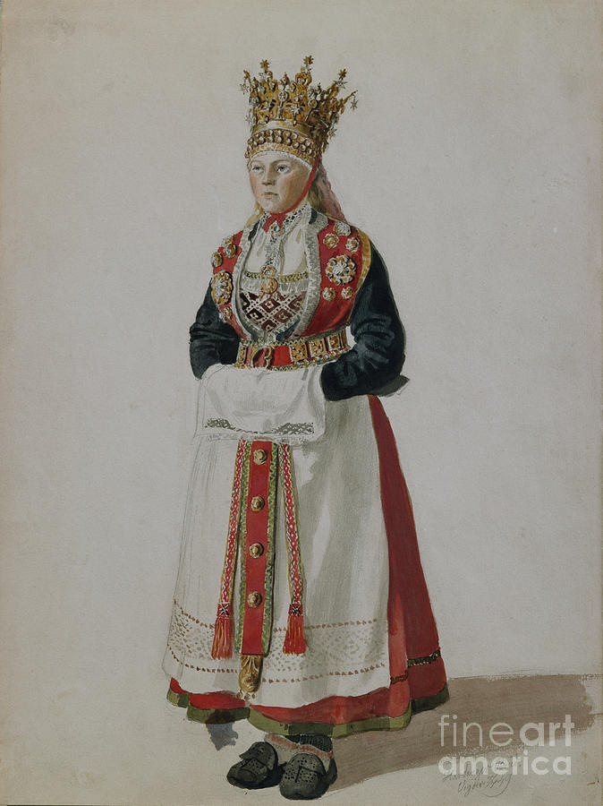 Hardanger bride, 1849 Drawing by O Vaering by Adolph Tidemand