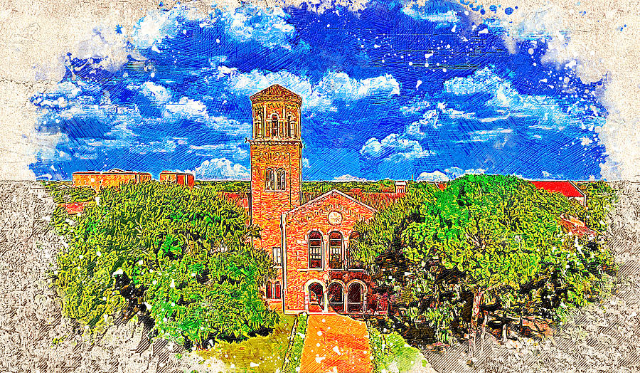 Hardin Administration Building at Midwestern State University in Wichita Falls - colored drawing Digital Art by Nicko Prints