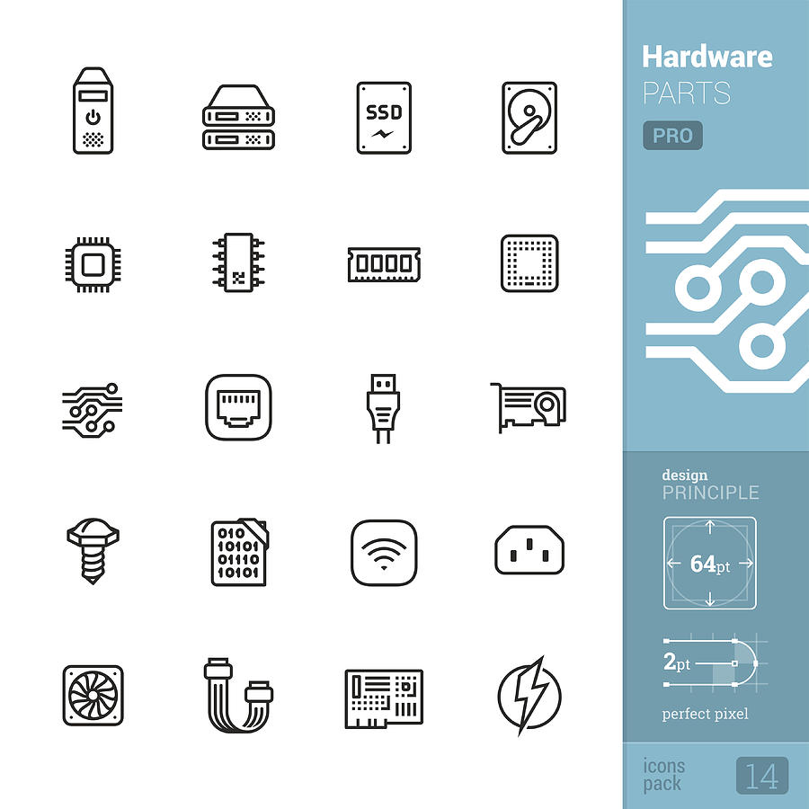Hardware parts related vector icons - PRO pack Drawing by Lushik