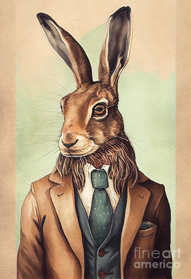 Hare Painting - Hare in Suit Watercolor Hipster Animal Retro Costume by Jeff Creation
