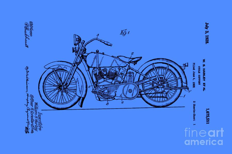 Harley Davidson Patent Mechanical Drawing 1920s Horizontal Blue Background Drawing by Peter Ogden