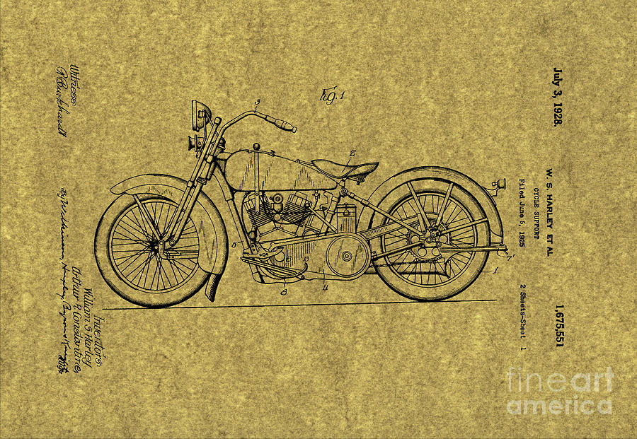 Harley Davidson Patent Mechanical Drawing 1920s Horizontal on Vintage Rustic Beige Background Drawing by Peter Ogden