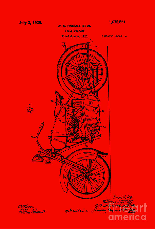 Harley Davidson Patent Mechanical Drawing 1920s Vertical Red Background Drawing by Peter Ogden