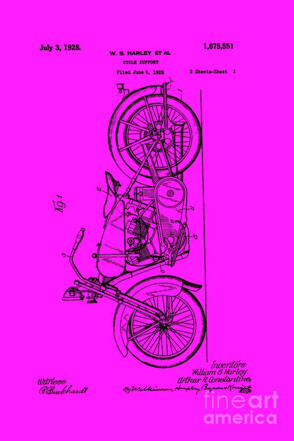 Harley Davidson Patent Mechanical Drawing 1920s Pink Vertical Drawing by Peter Ogden