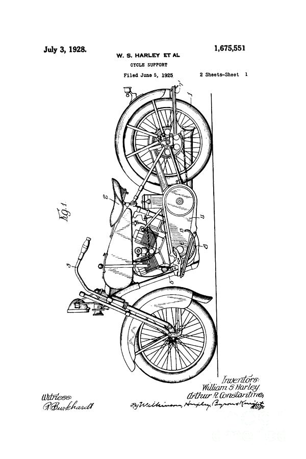 Harley Davidson Patent Mechanical Drawing 1920s Vertical Black on White Background Drawing by Peter Ogden