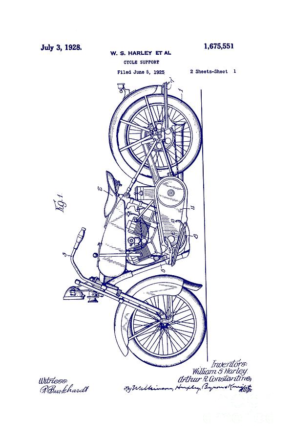 Harley Davidson Patent Mechanical Drawing 1920s Vertical Blueprint on White Background Drawing by Peter Ogden