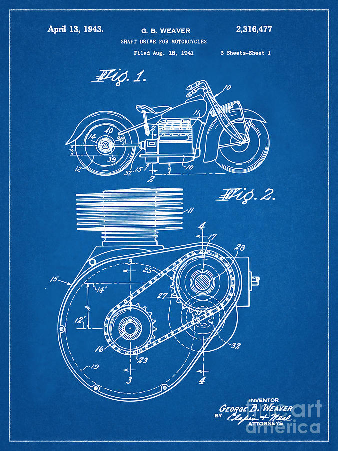 Harley Engine Patent Print Year 1943 Vintage Harley Davidson Patent Illustration Mixed Media by Kithara Studio