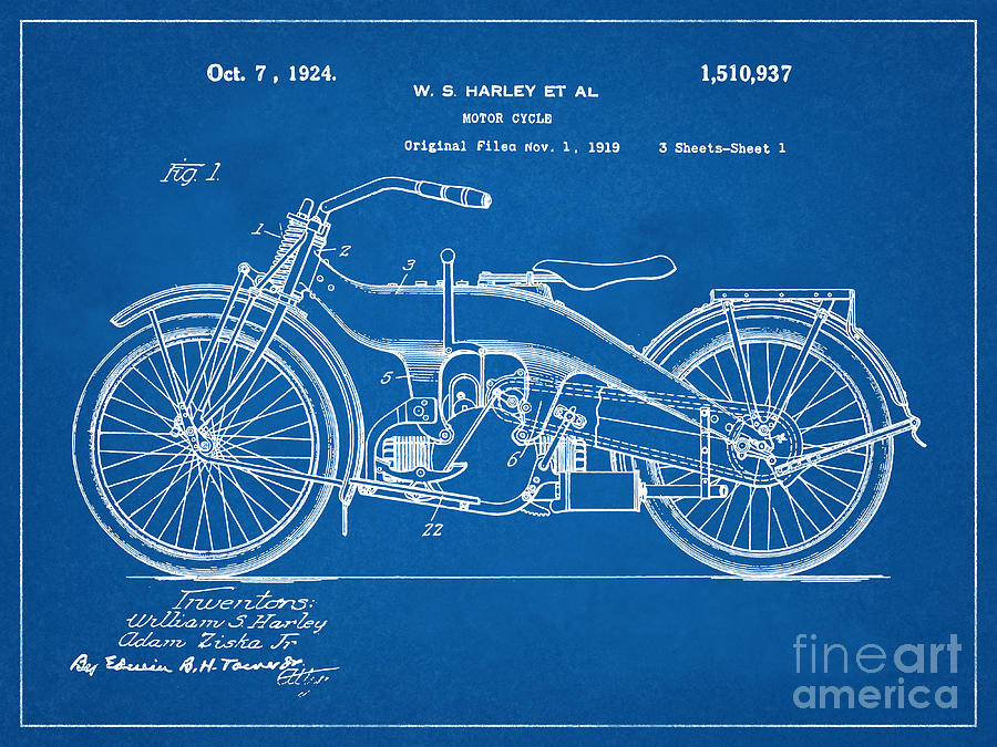 Harley Motorcycle Patent Print Year 1924 - Vintage Harley Motorbike Patent Drawing Mixed Media by Kithara Studio