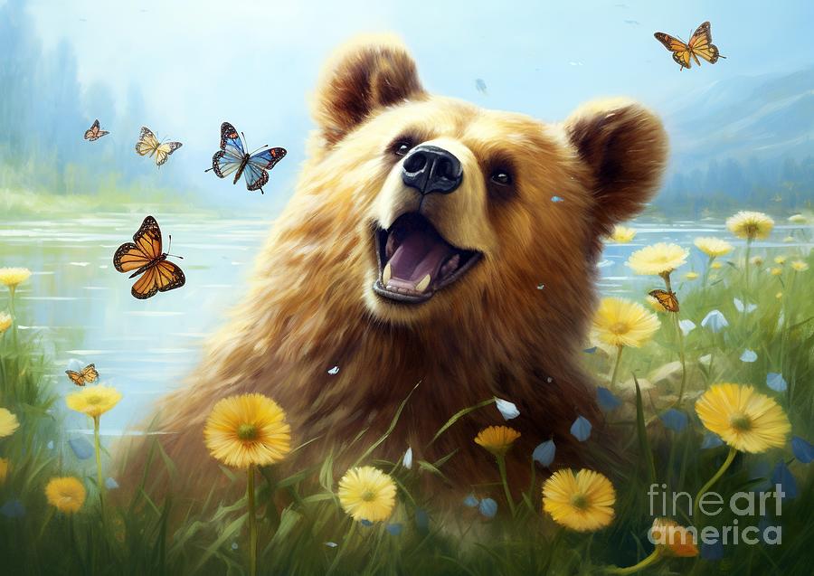 Harmony in Nature Bear and Butterflies Painting by Vincent Monozlay