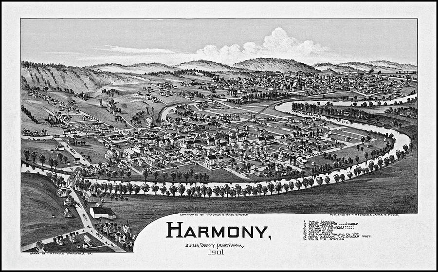 Vintage Photograph - Harmony Pennsylvania Vintage Map Birds Eye View 1901 Black and White by Carol Japp