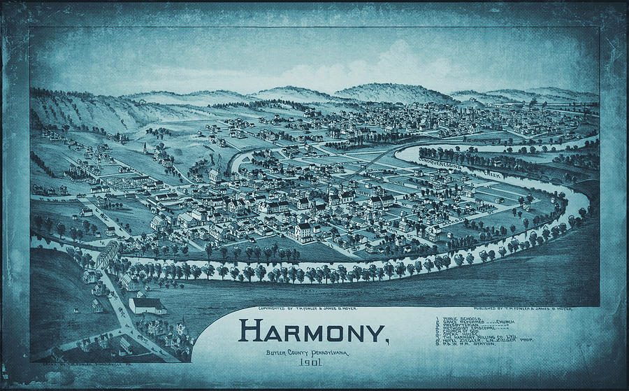 Vintage Photograph - Harmony Pennsylvania Vintage Map Birds Eye View 1901 Blue by Carol Japp