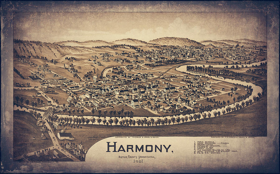 Vintage Photograph - Harmony Pennsylvania Vintage Map Birds Eye View 1901 Sepia  by Carol Japp