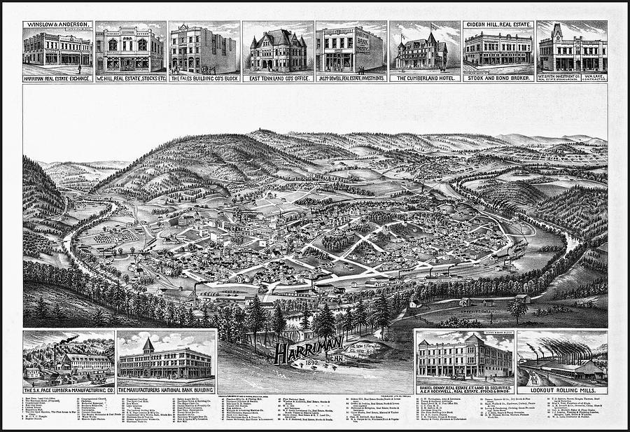 Harriman Tennessee Vintage Map Aerial View 1892 Black and White