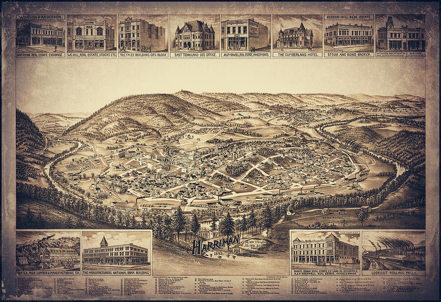 Harriman Tennessee Vintage Map Aerial View 1892 Sepia Photograph by ...