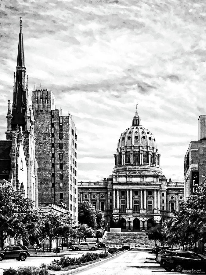 Harrisburg PA - Capitol Building Seen from State Street Black and White Photograph by Susan Savad