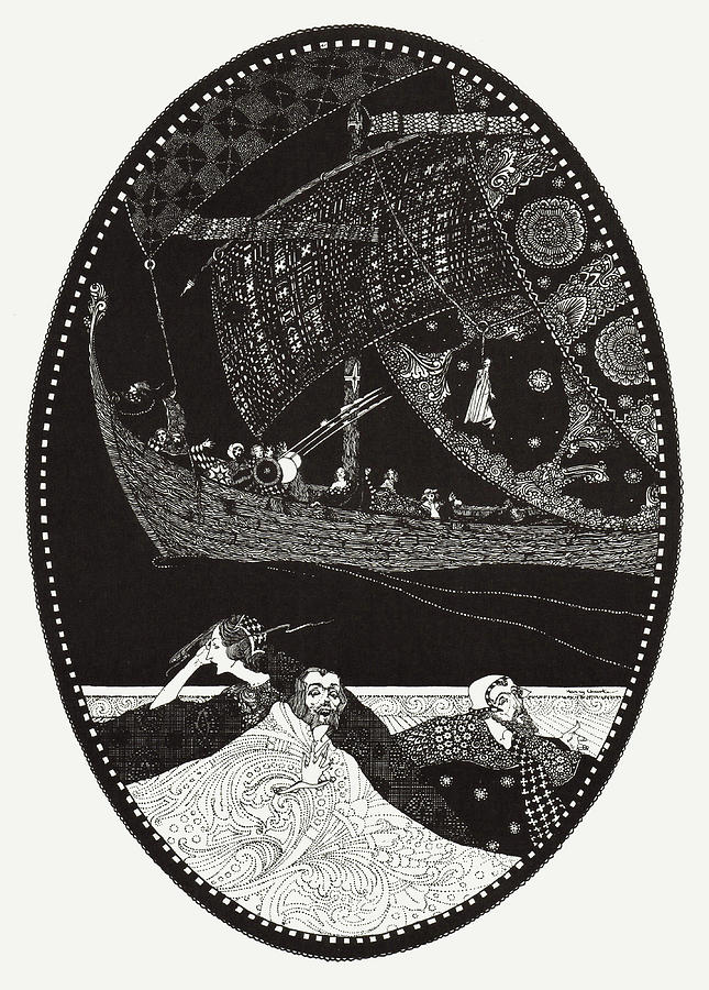Harry Clarke illustrations for Andersens Fairy Tales 1916 - The Marsh Kings Daughter, the Vikings Drawing by Harry Clarke
